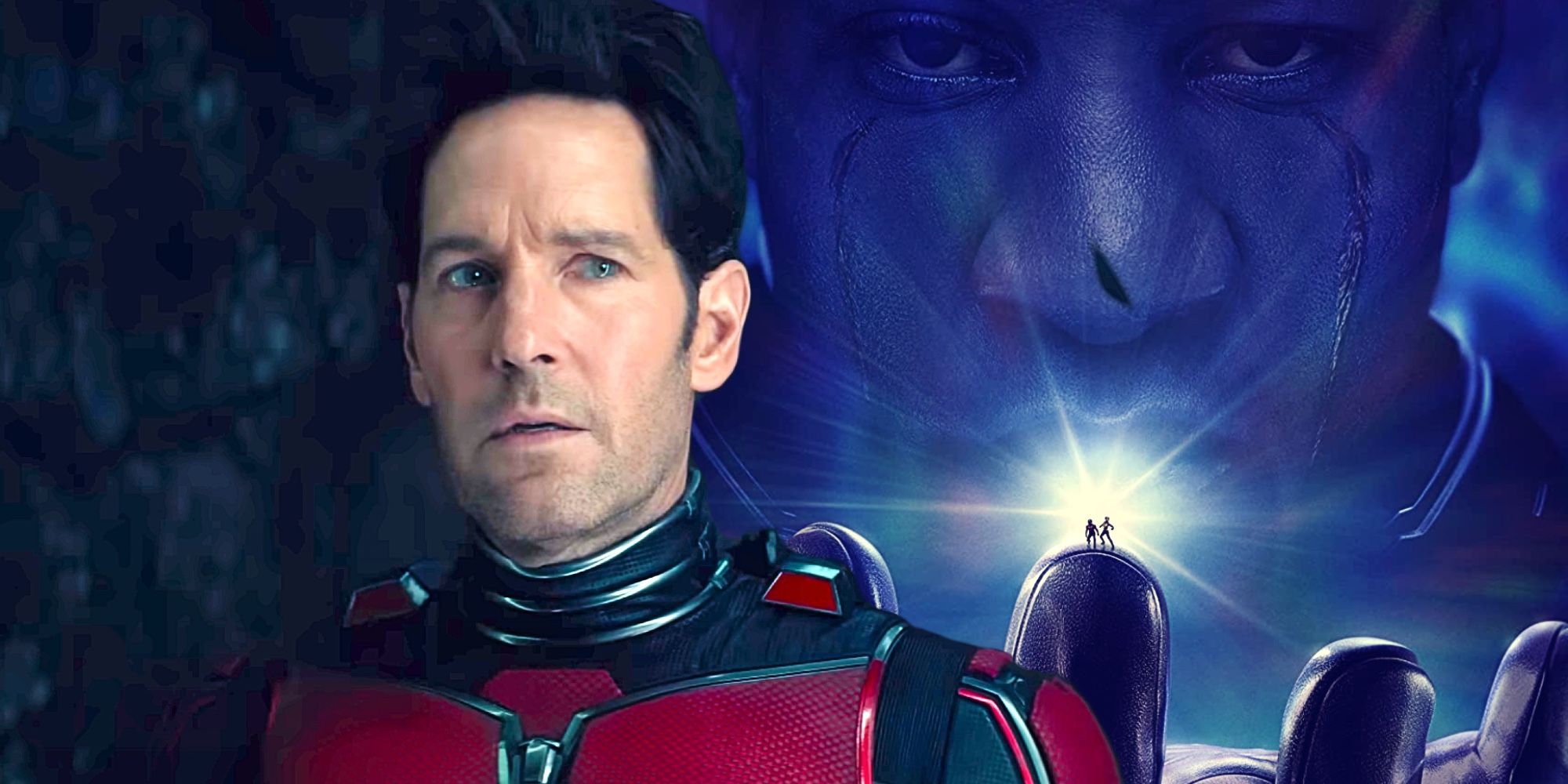 Paul Rudd as Scott Lang/Ant-Man in front of Ant-Man 3 poster
