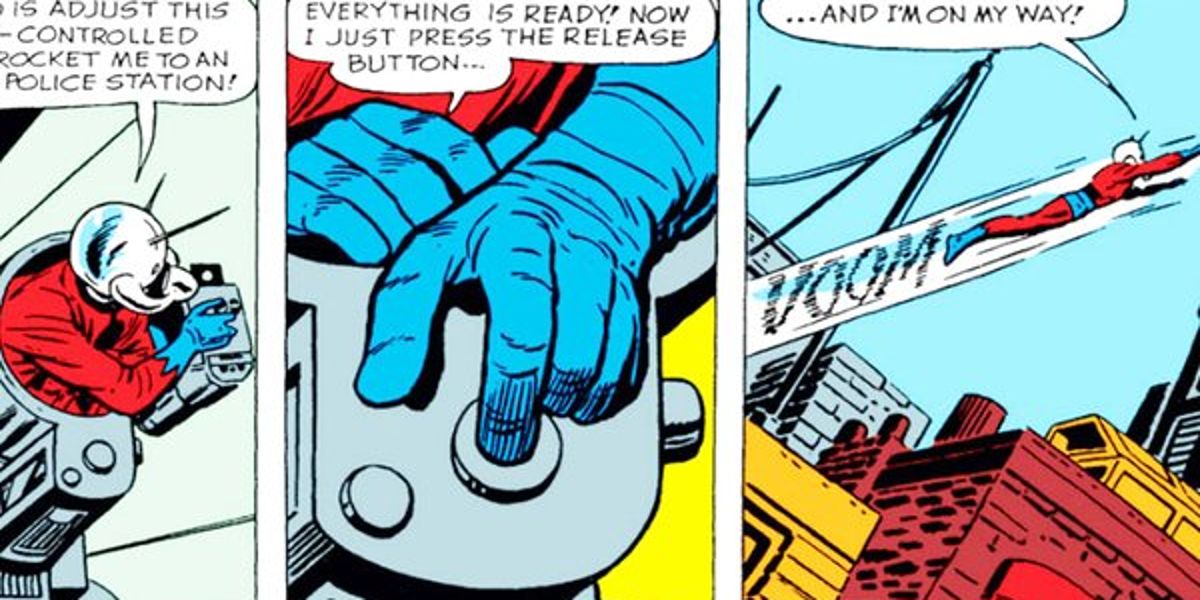 Ant-Man loading himself into his mini-catapult in the Ant-Man comics