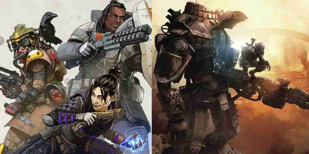 Personagens de Apex Legends ao lado de um mech de Titanfall.