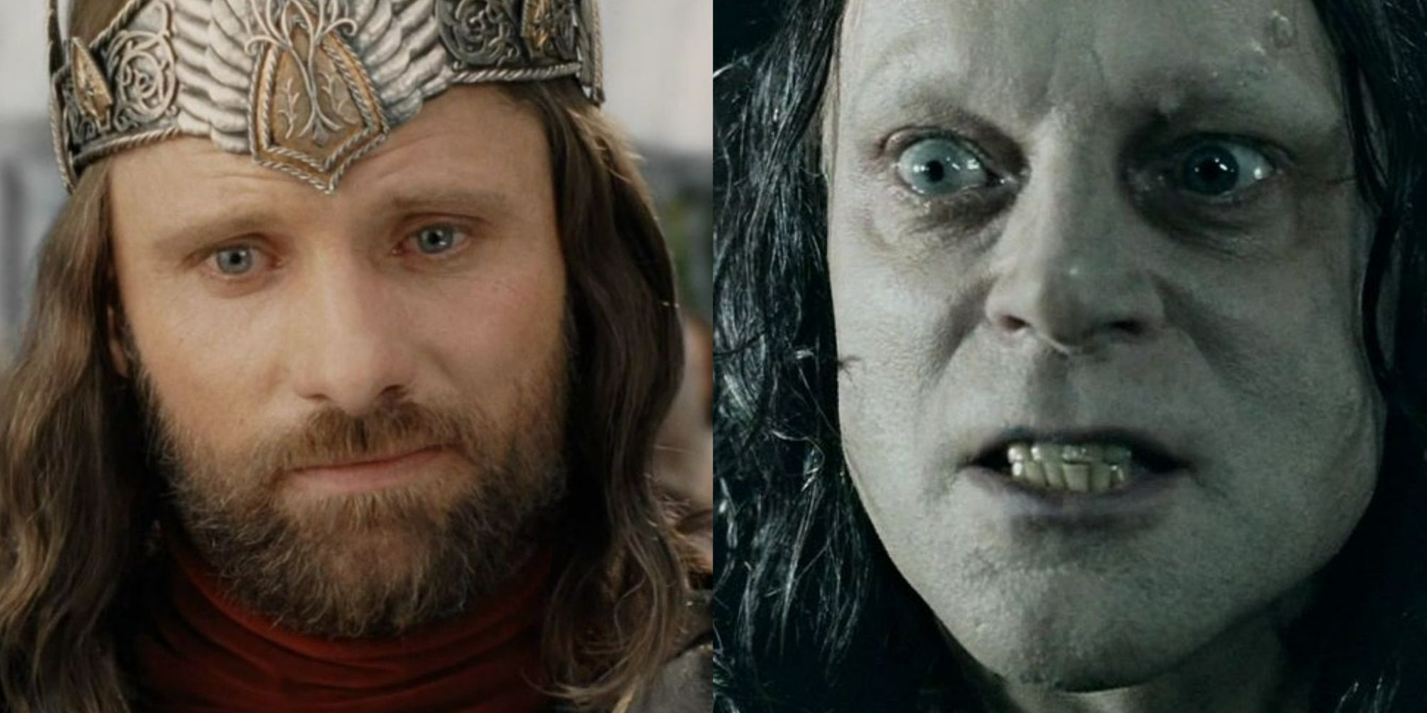A split image showing Aragorn on the left and Grima on the right from Lord of the Rings. 