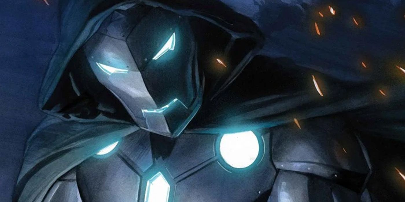 Personagem de quadrinhos Infamous Iron Man, que é um Victor von Doom redimido vestindo um terno todo prateado do Homem de Ferro e sua capa com capuz Doctor Doom.