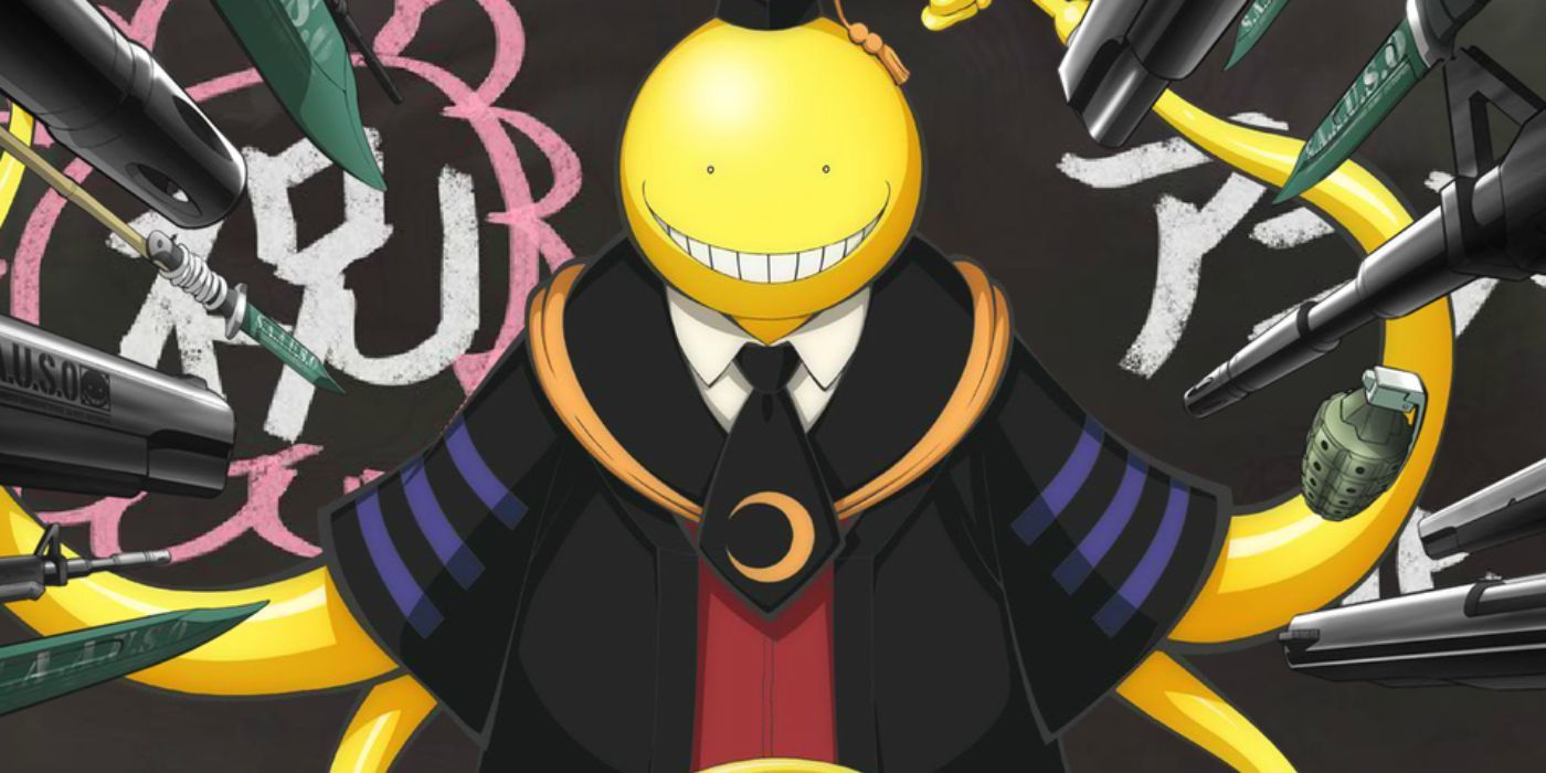 Koro-sensei from the anime Assassination Classroom with guns pointed at him.