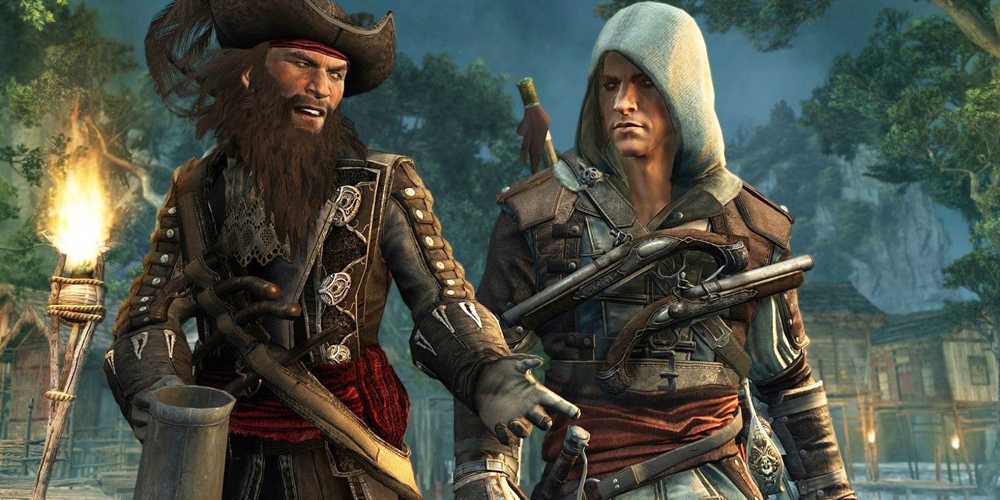Gambar Blackbeard dan Edward Kenway pada malam hari di Assassin's Creed 4: Black Flag.