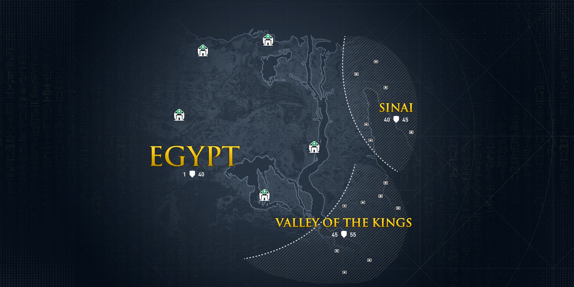 Opening the atlas on Assassin's Creed Origins' world map, which reveals the Sinai desert and the Valley of the Kings, the game's DLC locations.