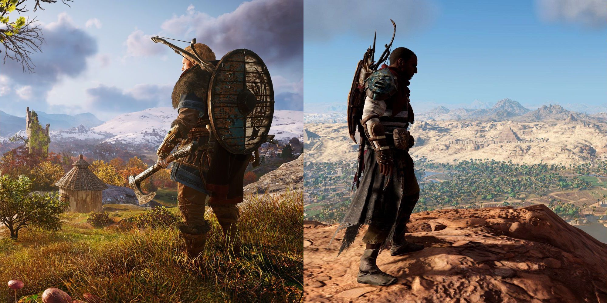 A split image with Eivor looking over an Assassin's Creed Valhalla landscape on the left, and Bayek doing the same over an Egyptian vista in Origins on the left.
