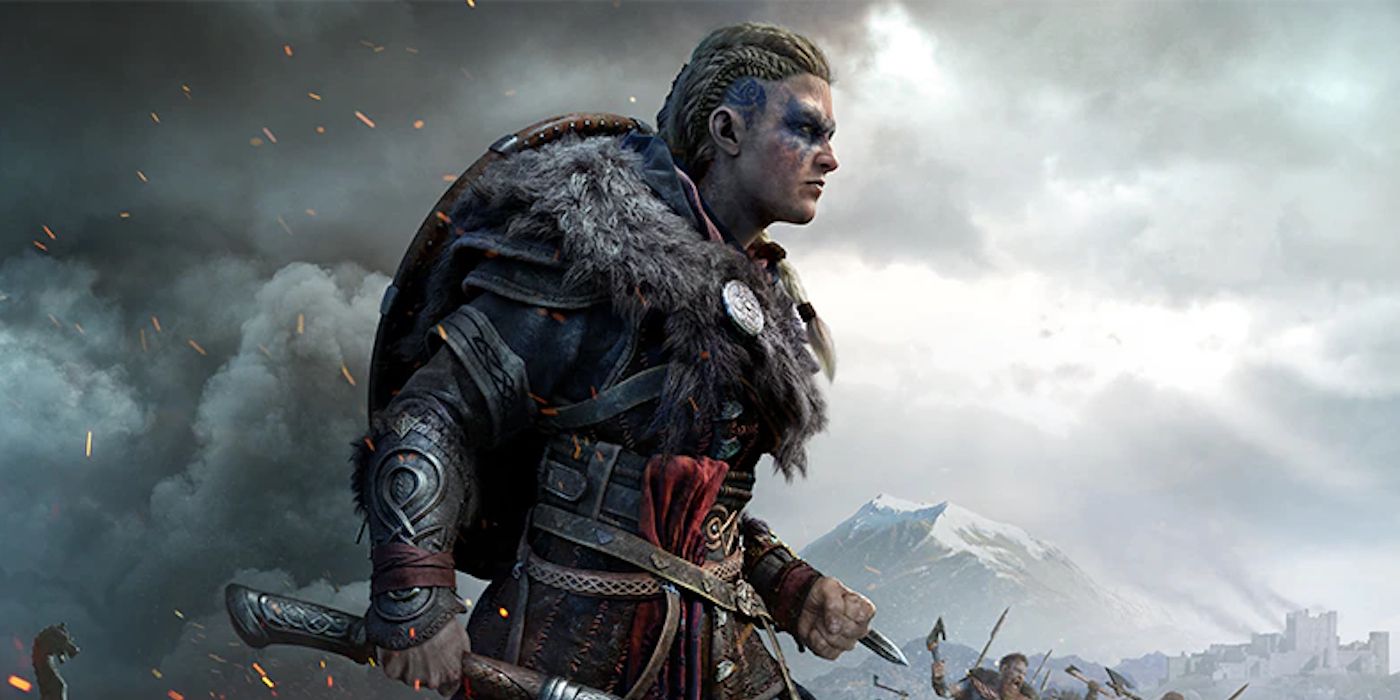 Eivor, the Viking protagonist of Assassins Creed Valhalla, going into battle with an axe and hidden blade