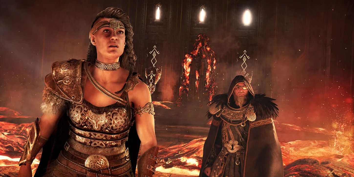 Two Assassins Creed Valhalla characters surrounded by lava