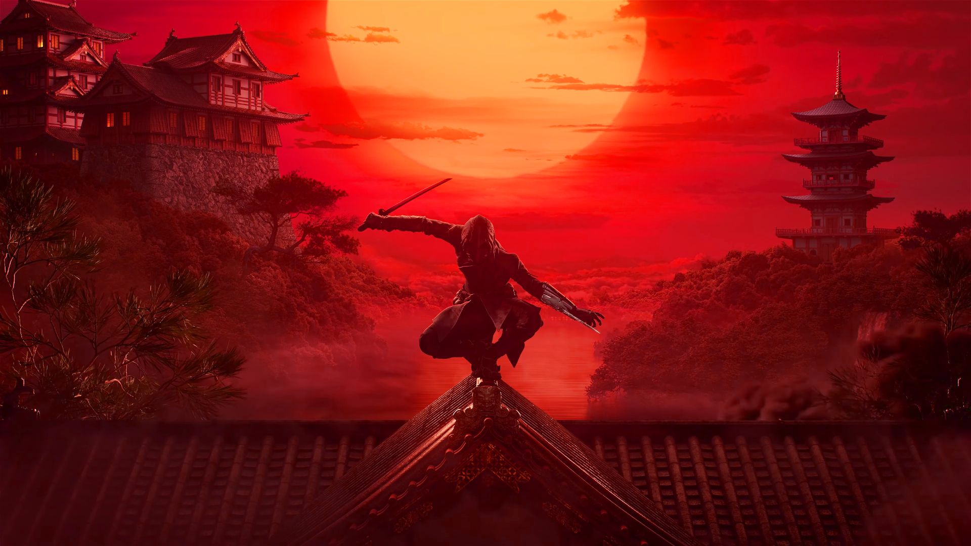 The end of the Assassin's Creed Red teaser shows an assassin on top of an Japanese building in the past with a red sky behind them and the sun hovering above the character.