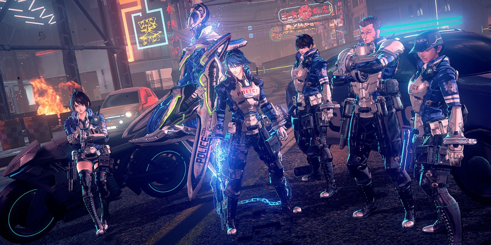 Astral Chain screenshot containing the main cast of characters
