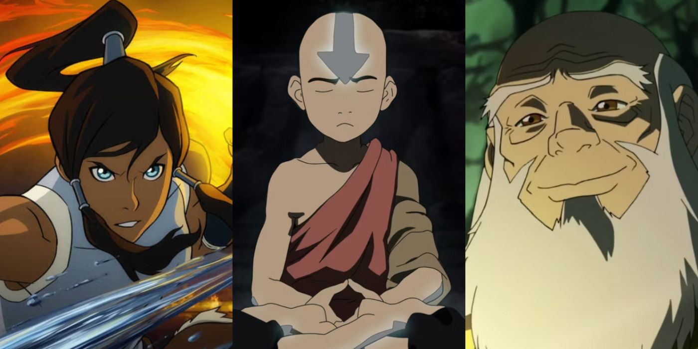 A split image features Korra, Aang, and Uncle Iroh in the Avatar animated franchise