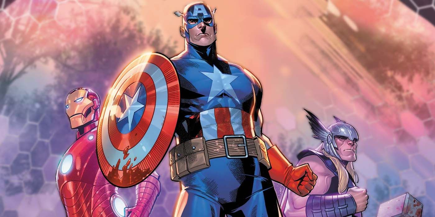 Captain America, flanked by Iron Man and Thor, with blood their weapons.