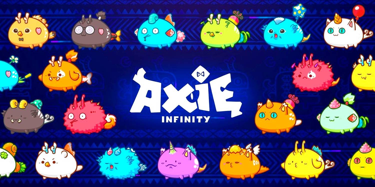 Axie Infinity logo on blue background with various Axie pets