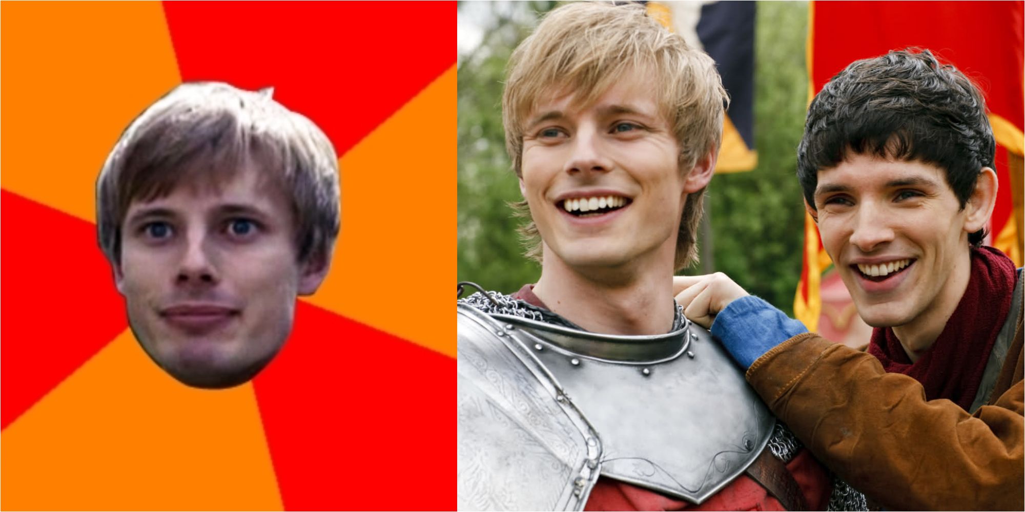 A meme featuring Arthur Pendragon and Arthur and Merlin laughing