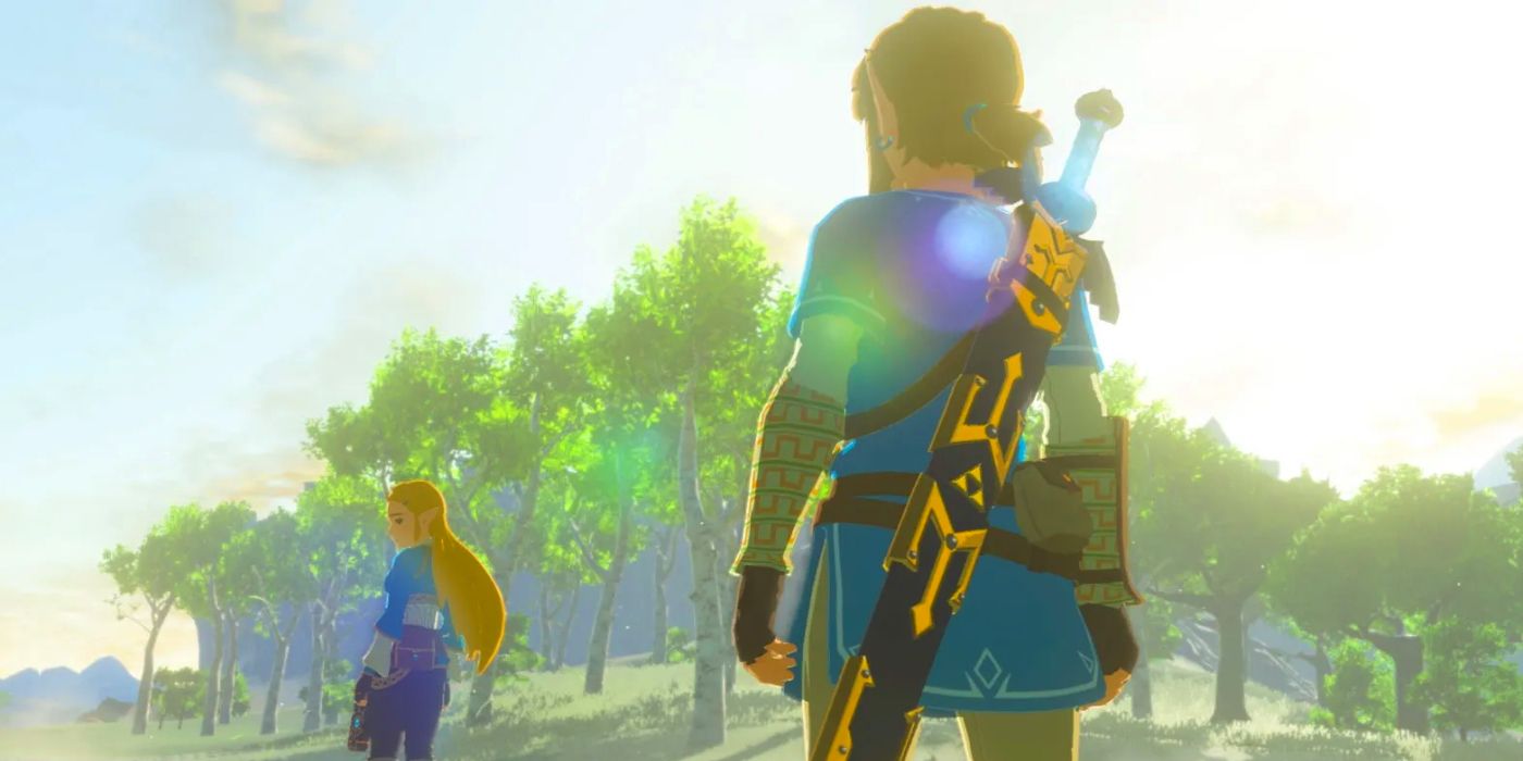 Link facing Zelda in Breath of the Wild, with the Master Sword strapped to his back.