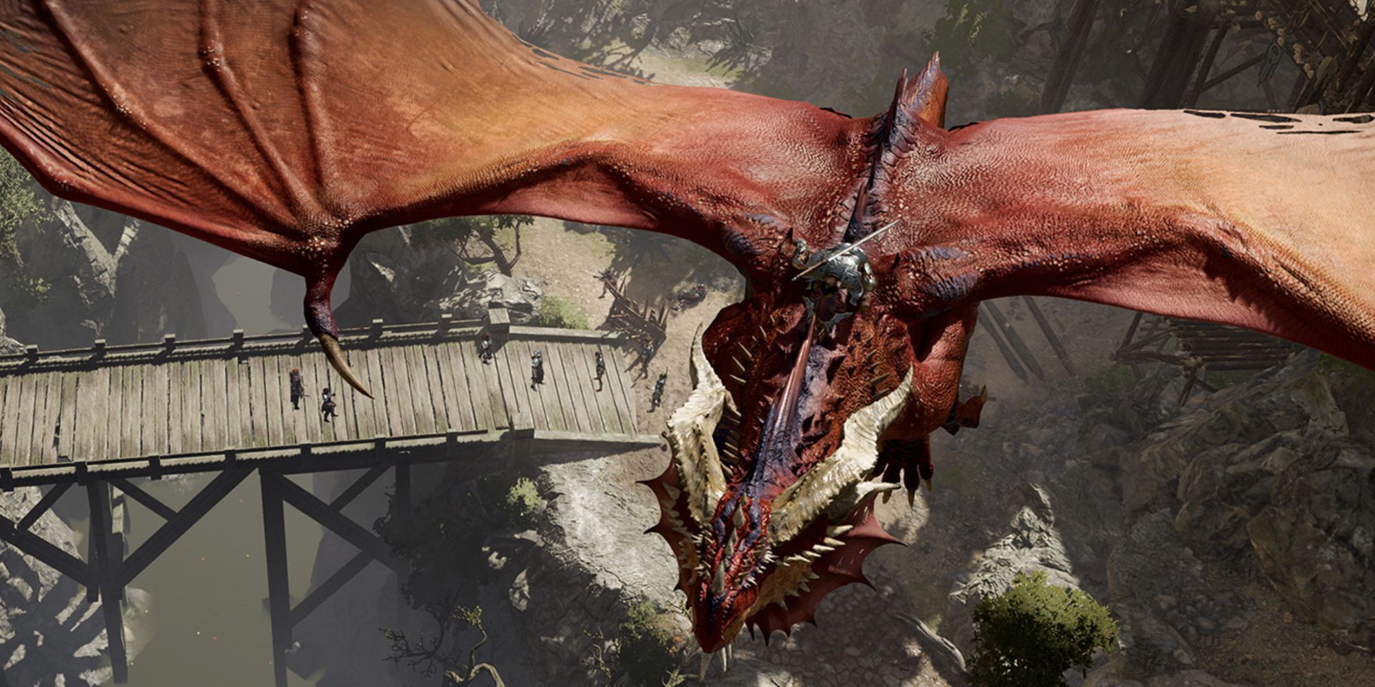 A Red Dragon flying over a bridge in Baldurs Gate 3