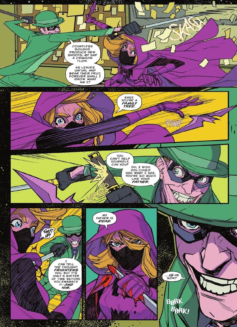 Riddler, dans un duel furieux avec Batgirl, mentionne à quel point elle ressemble à son père - et laisse entendre que Cluemaster est peut-être encore en vie.