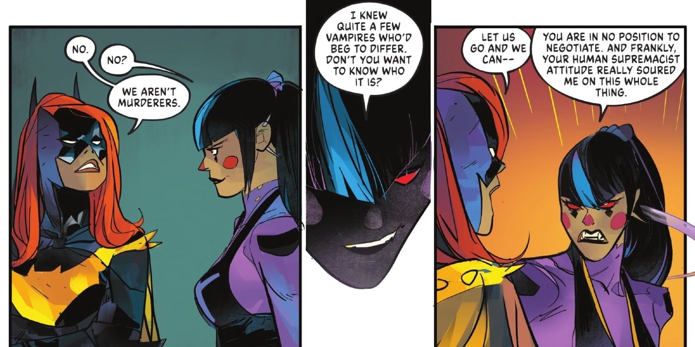 Batgirl and Punchline discussing Damian Wayne's killing policy in DC vs Vampires