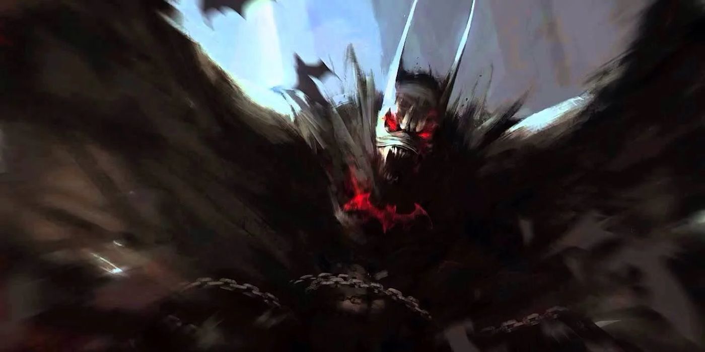 Concept art of the demonic Batman seen at the end of Arkham Knight