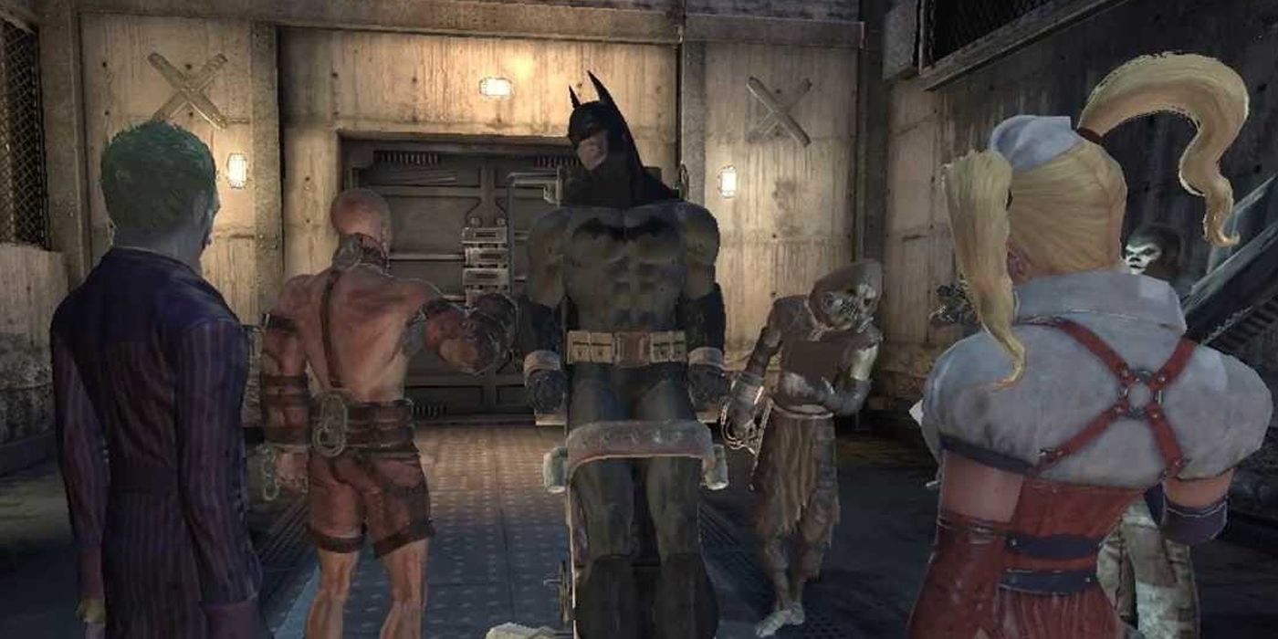Batman attaché à une civière à Arkham Asylum, entouré du Joker, Harley Quinn, Scarecrow, Bane et Zsasz.