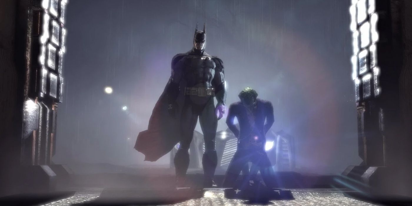 Une capture d'écran de Batman et du Joker depuis le début de Batman : Arkham Asylum, rétro-éclairé par les phares de la Batmobile.