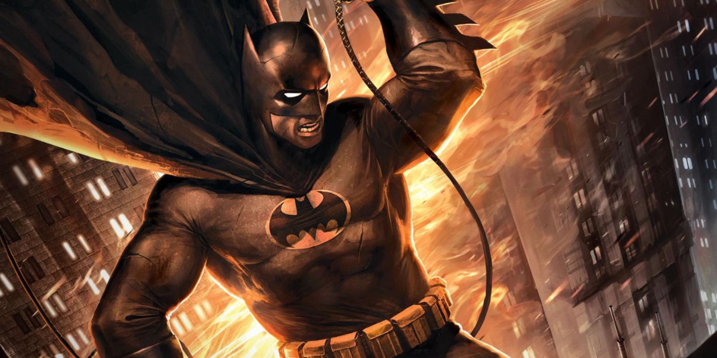Batman swinging on his grappling line with Gotham on fire in the background.