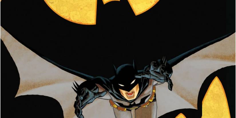 Batman leaping forward as he casts a shadow of the bat symbol in the background.