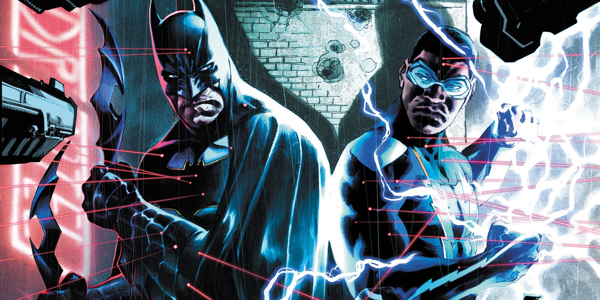 Batman and Black Lightning standing back to back in DC comics