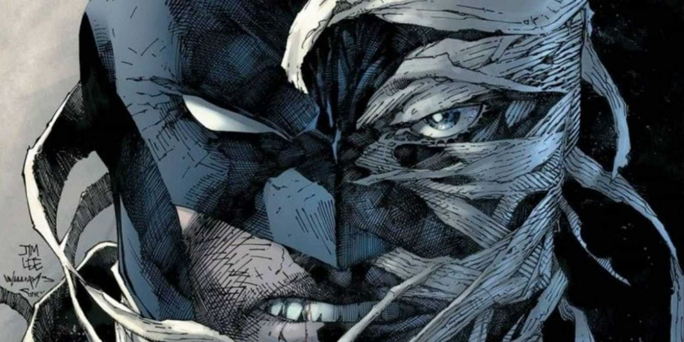 Batman and Hush's faces split in comic book cover art.