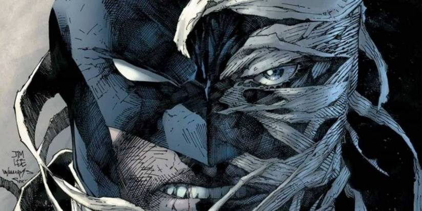 Comic book art: Batman and Hush's faces split by Jim Lee.