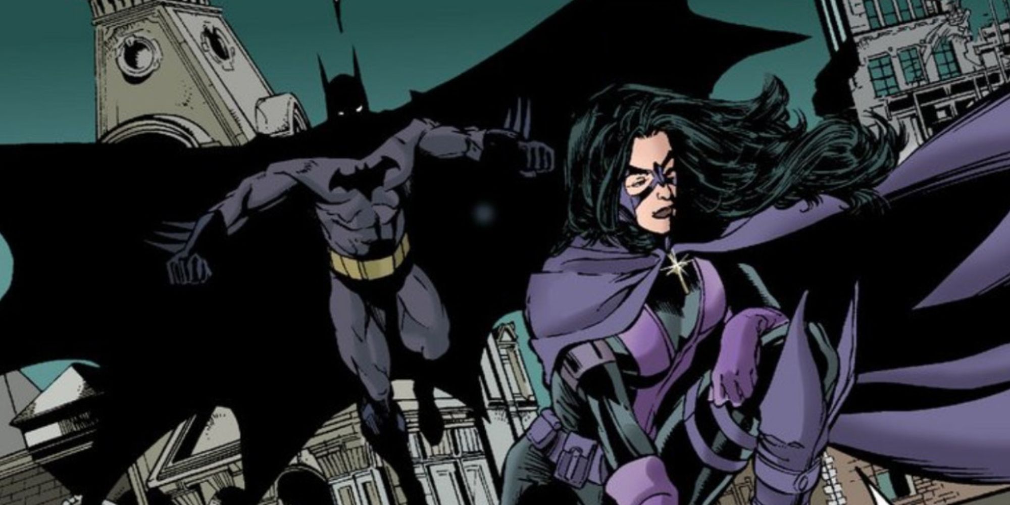 Batman approaching Huntress in DC comics