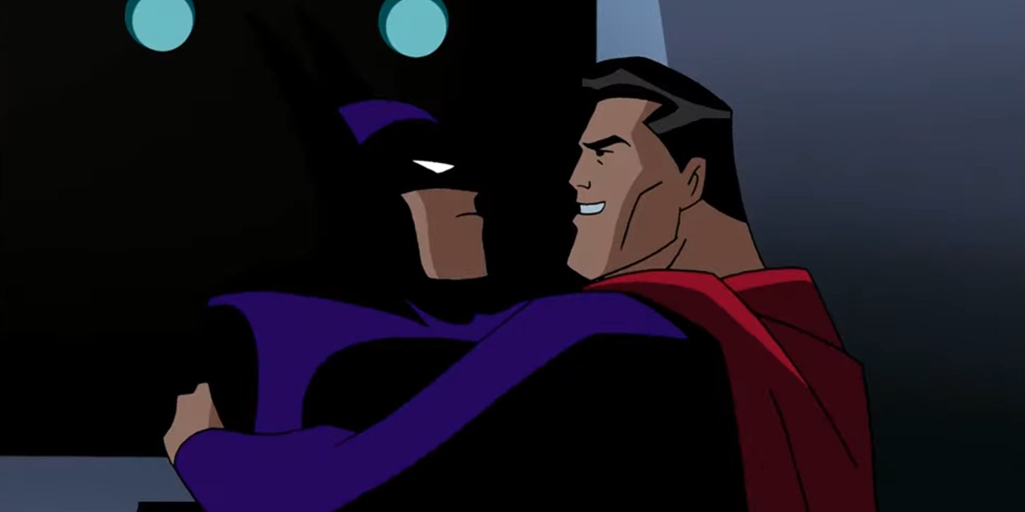 Batman sendo abraçado pelo Superman na Liga da Justiça DCAU