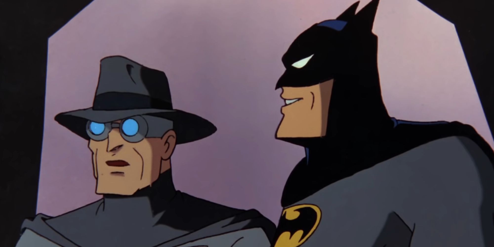 Batman mostrando Simon Trent a Batcaverna em Beware The Grey Ghost of Batman The Animated Series
