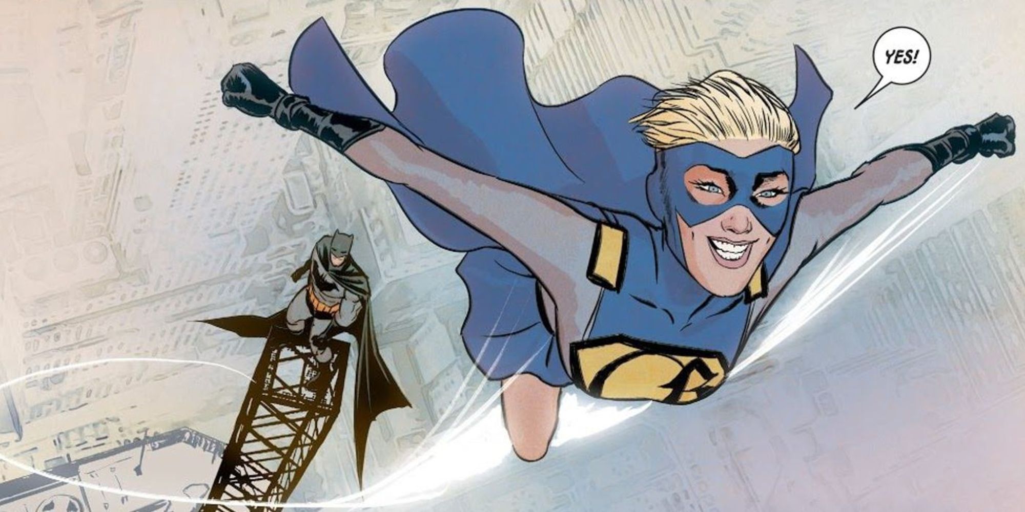 Batman smiling at Gotham Girl flying away in DC comics