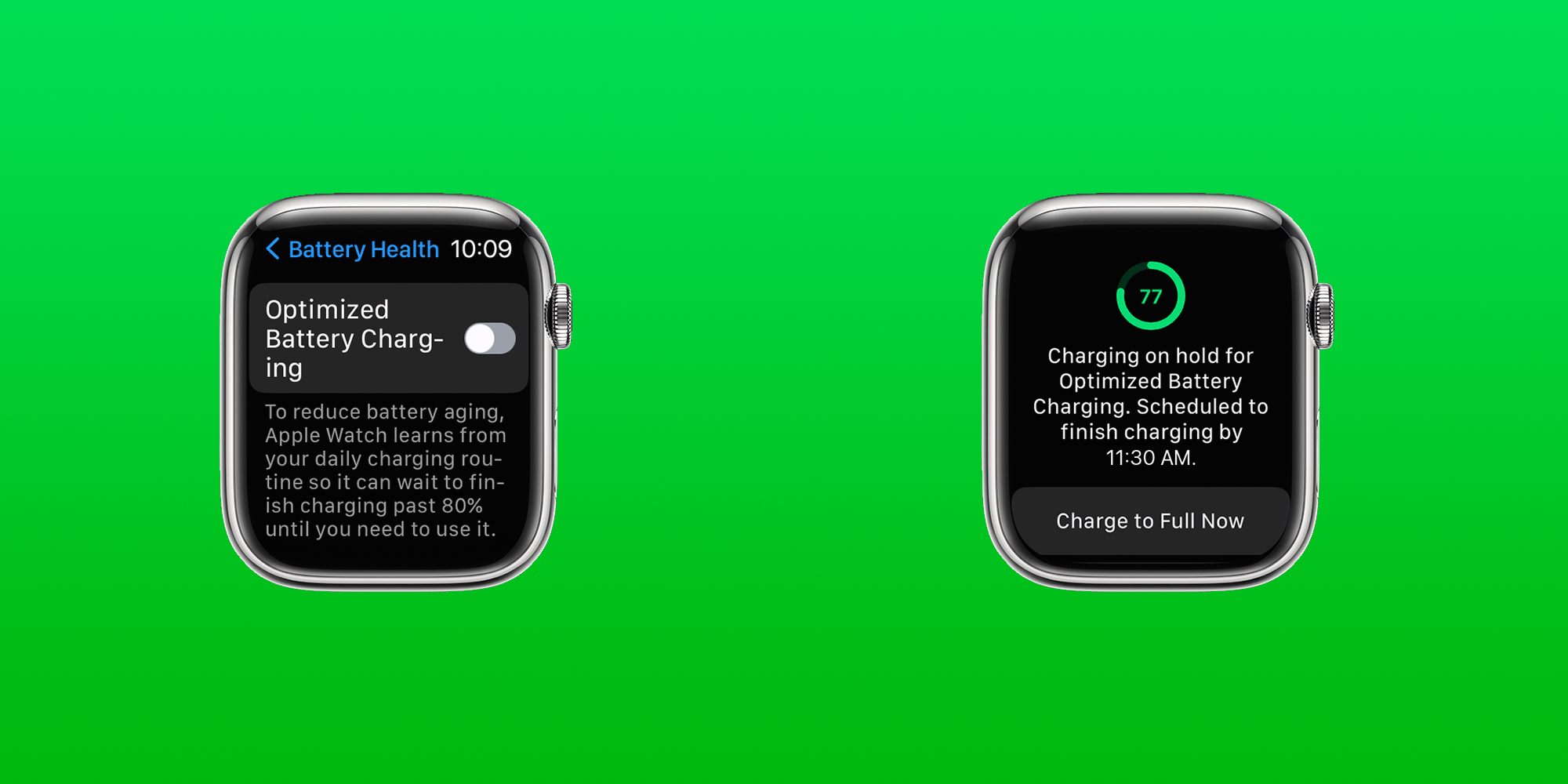 Optimized Battery Charging settings on Apple Watch.