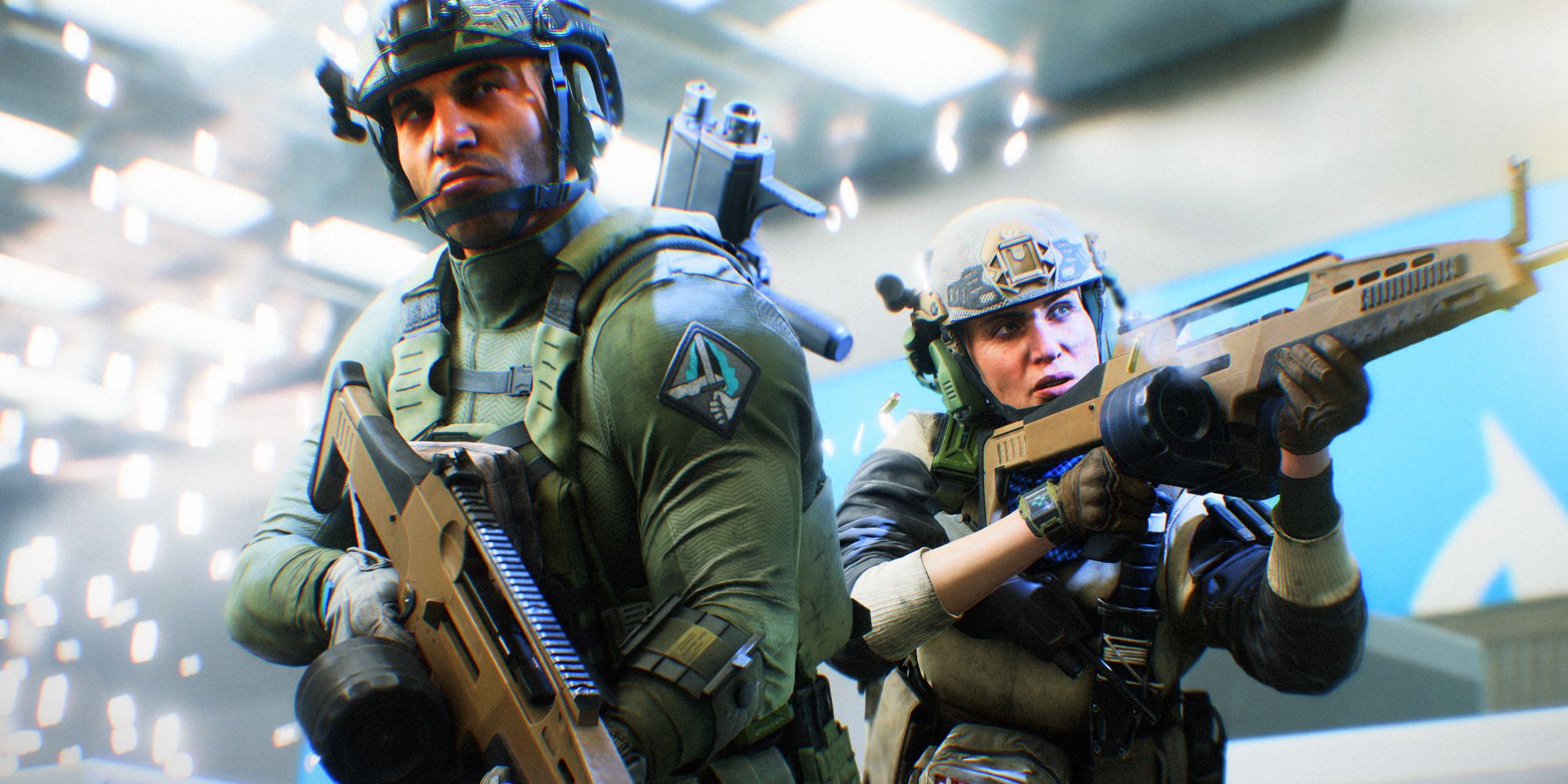 Dois especialistas em Battlefield 2042, Zain e Falck, segurando e apontando rifles de assalto.