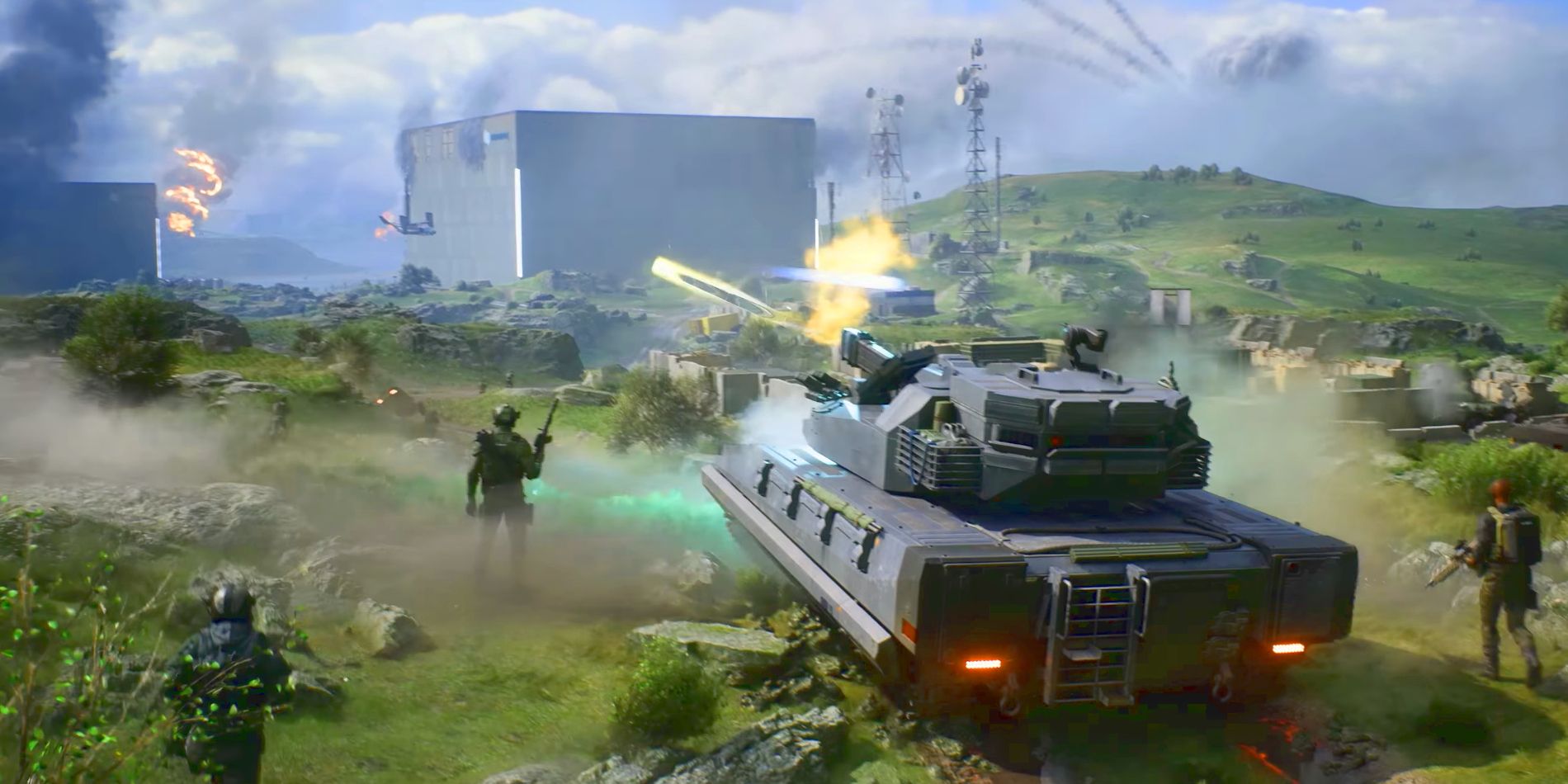 Battlefield 2042's new tank the EMKV0-TOR is seen firing it's railgun on the game's new map, Spearhead.
