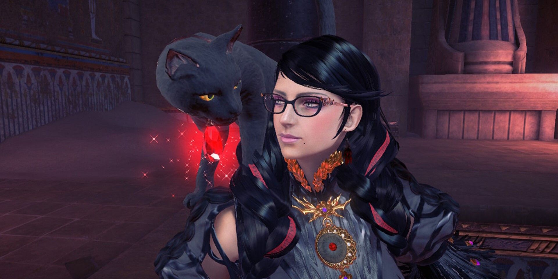 Bayonetta 3's Bayonetta with an Umbran Cat on her shoulder, giving her an Umbran Tear.