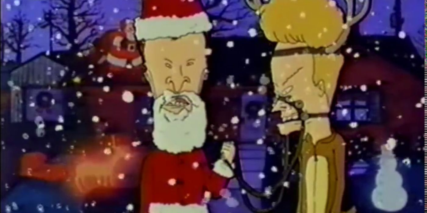 Beavis and Butthead dress up as Santa Claus and a reindeer standing in the snow. 
