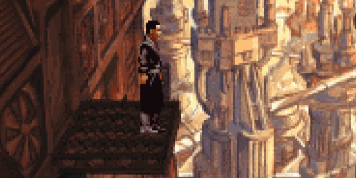 A character stands on a ledge overlooking a large city in Beneath a Steel Sky 