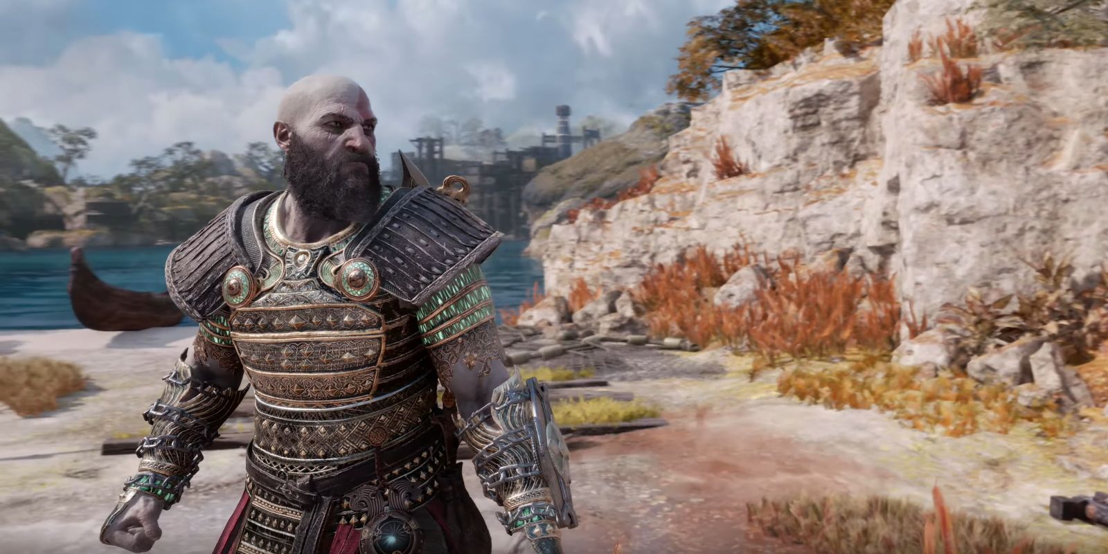 Kratos dressed in Ragnarok's best armor, the Berserker set.