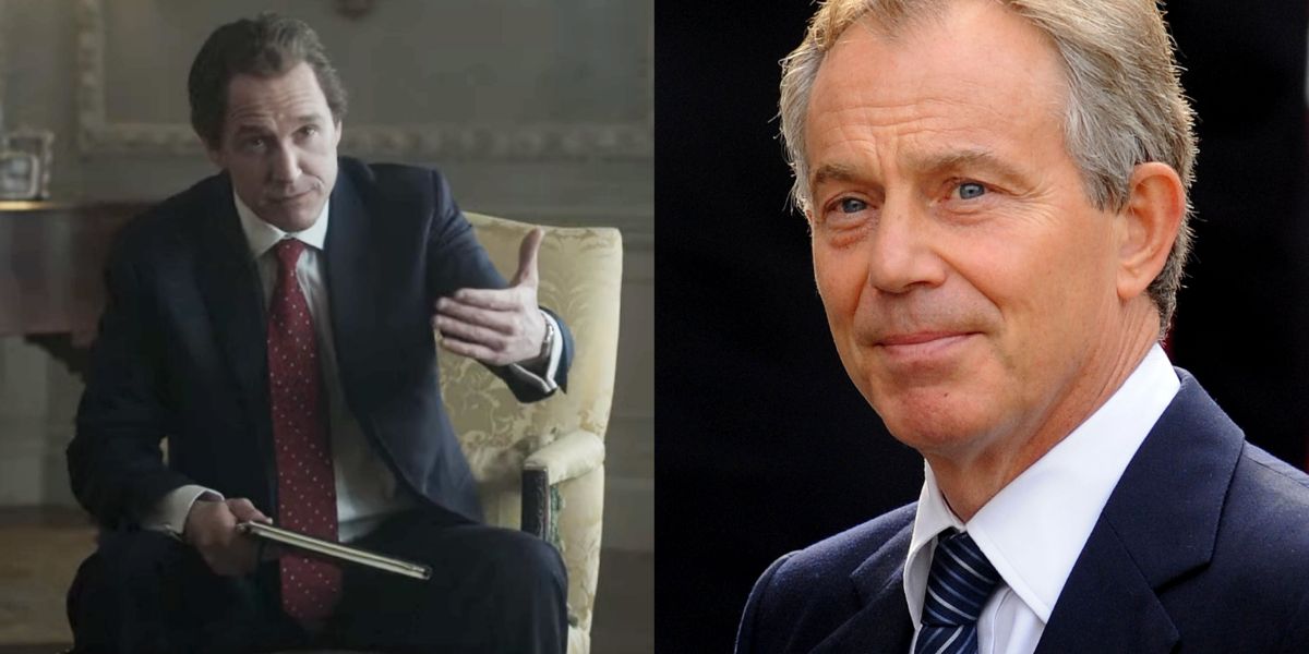 Bertie Carvel as tony blair in the crown and in real life split image