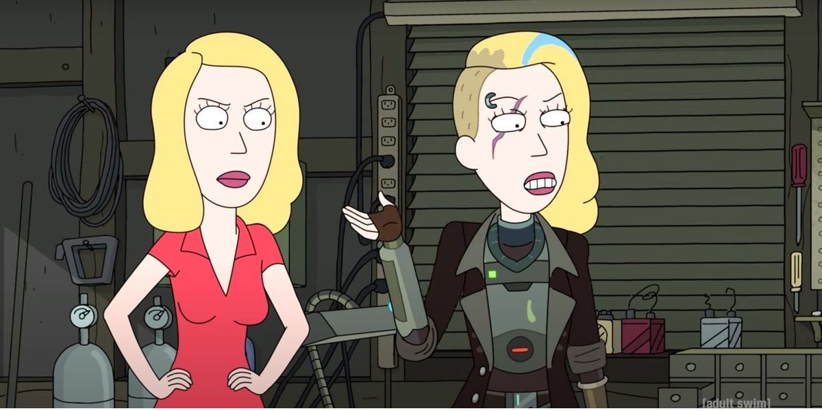 Beth and Space Beth in the garage in Rick and Morty