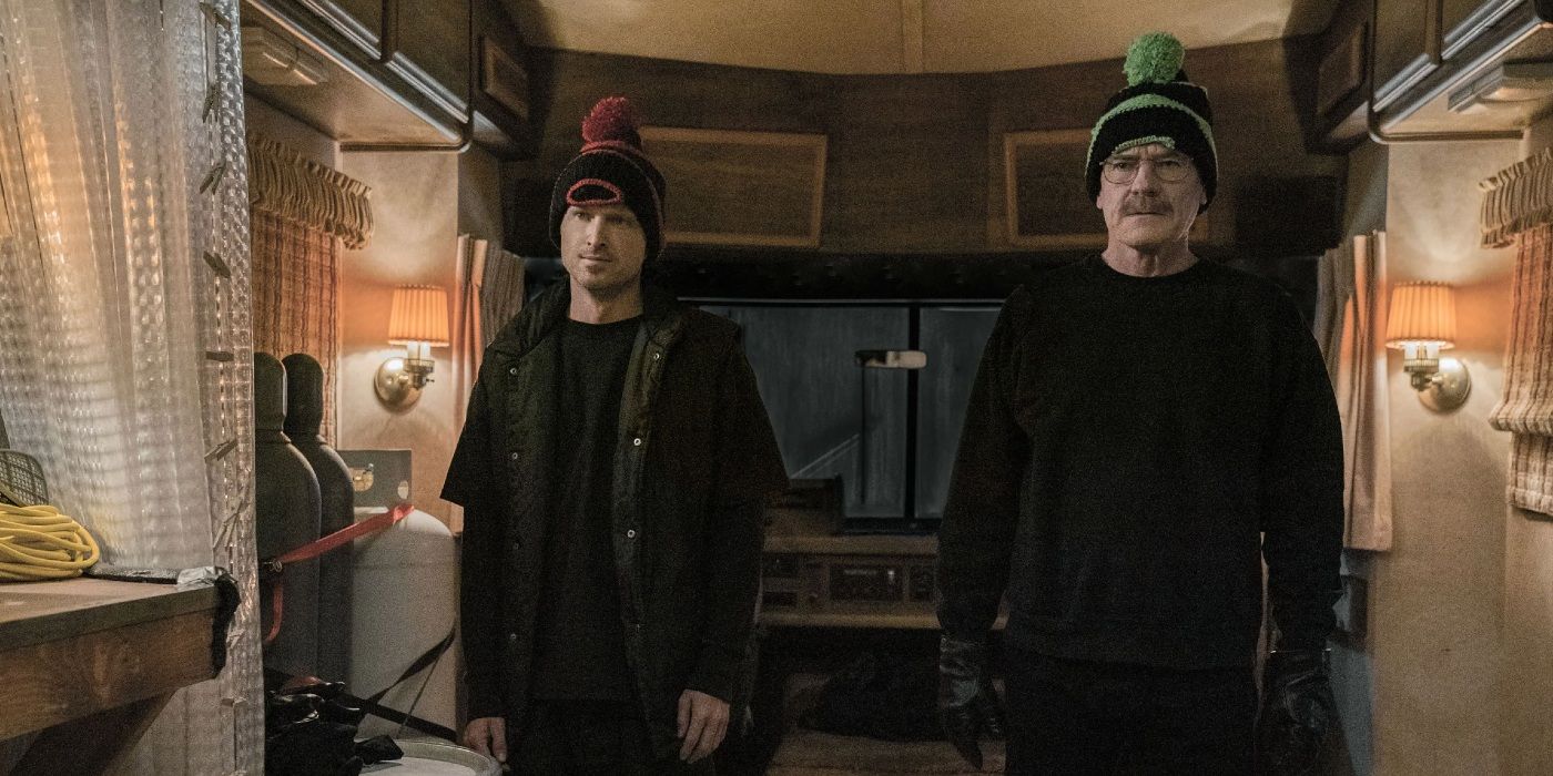 Bryan Cranston as Walter White and Aaron Paul as Jesse Pinkman in an RV in Better Call Saul.