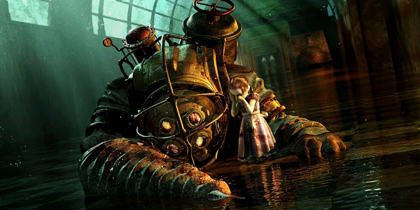 A fallen Big Daddy and crying Little Sister in Bioshock.