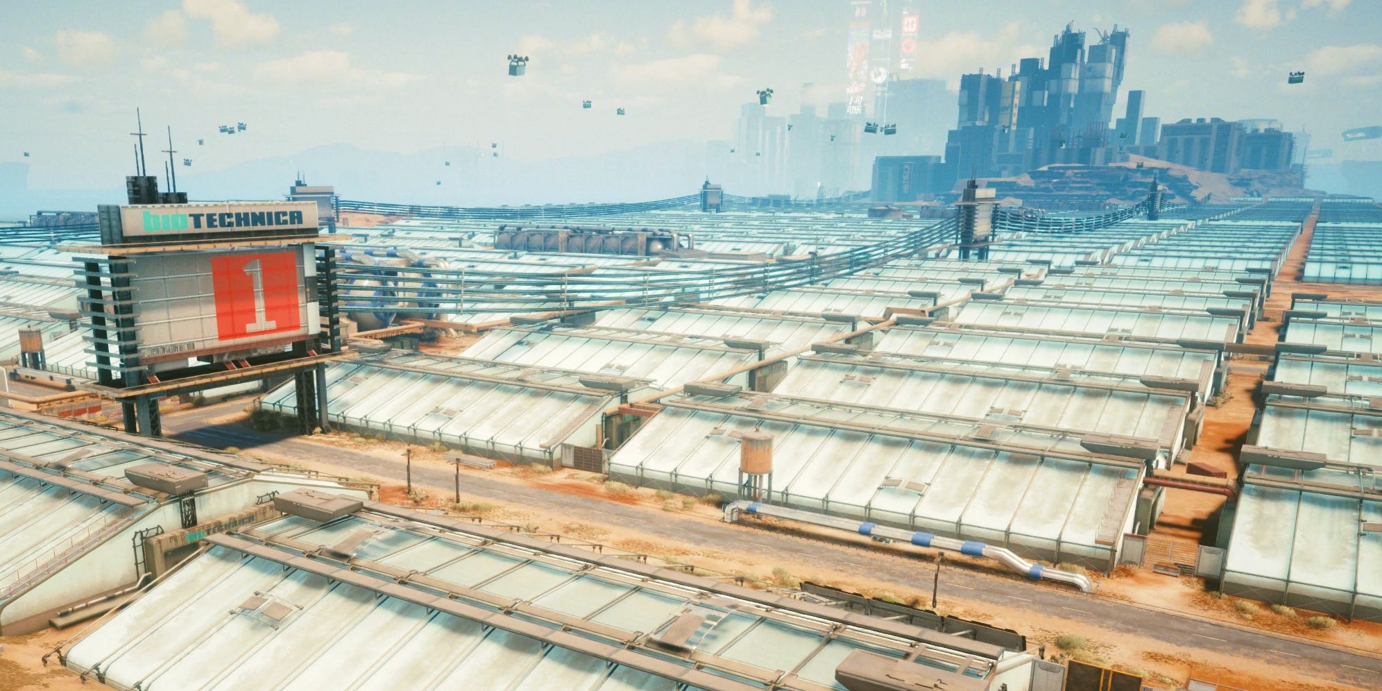 A view over the Biotechnica Flats in Cyberpunk 2077.
