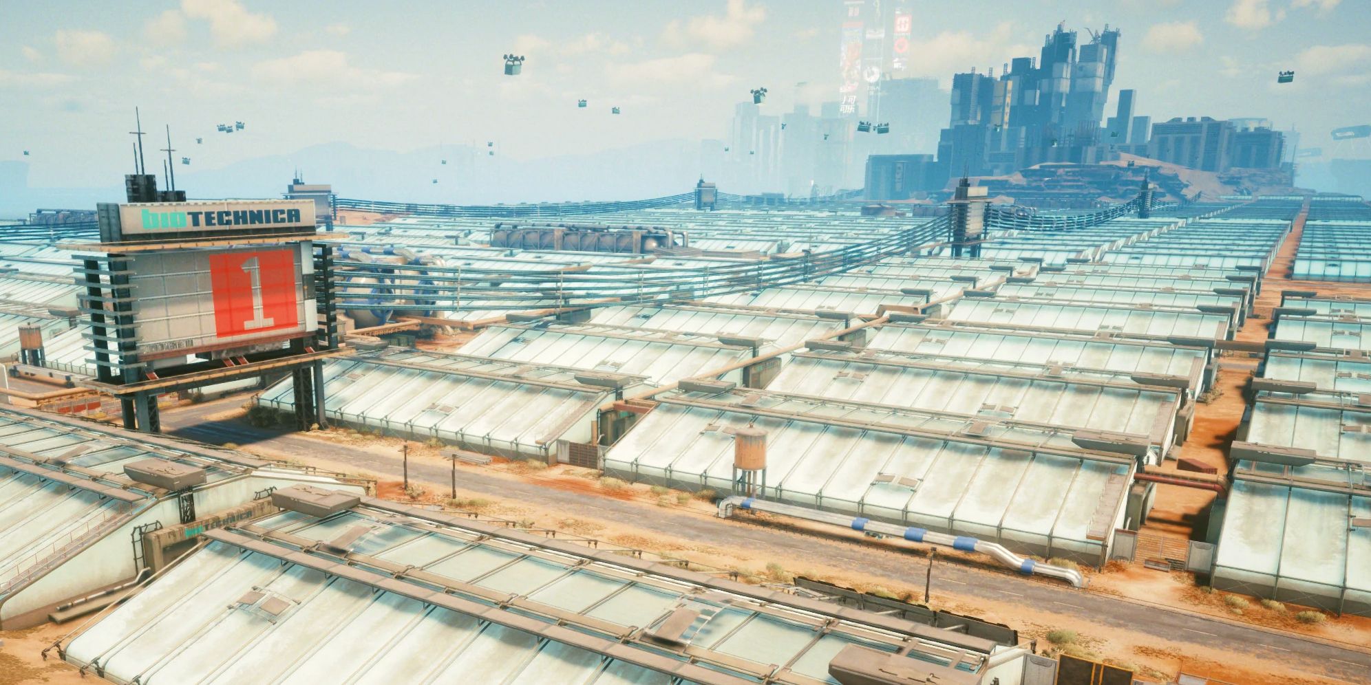 Uma vista sobre o Biotechnica Flats em Cyberpunk 2077.