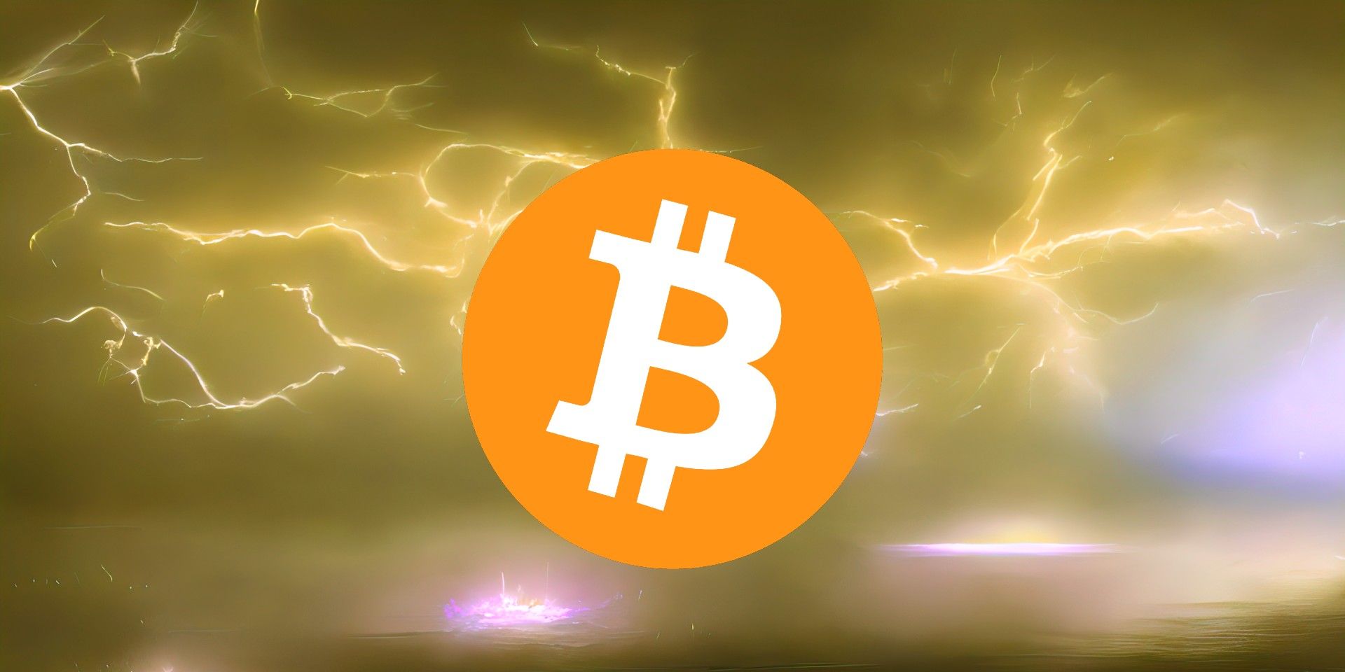 Bitcoin logo over a golden lightning storm