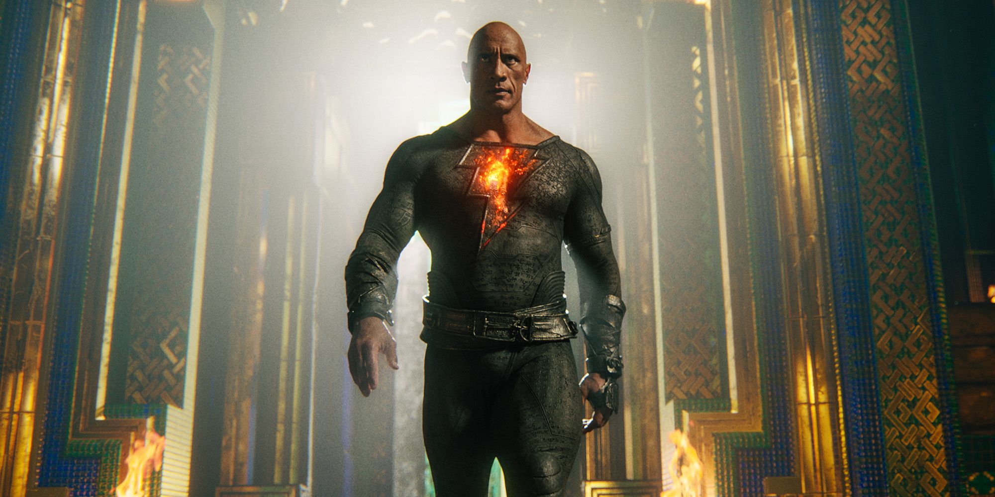 Black Adam walking into a lighting-filled structure in Black Adam.