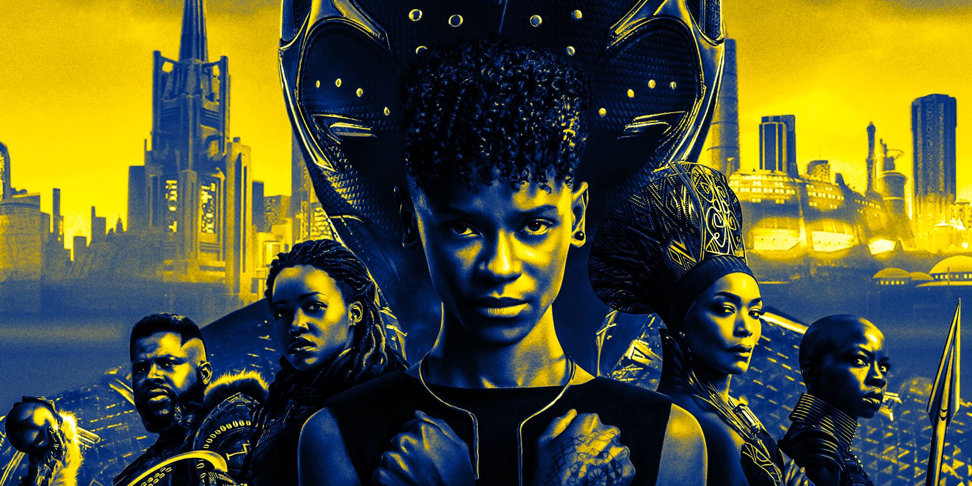 Black Panther Wakanda Forever poster in yellow with Shuri Ramonda Okoye Nakia and Mbaku