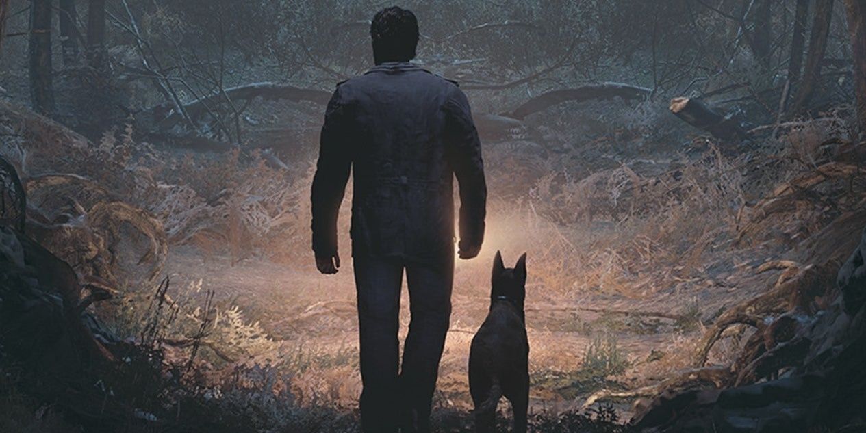 Ellis Lynch and his dog Bullet wander through the forest in Blair Witch.